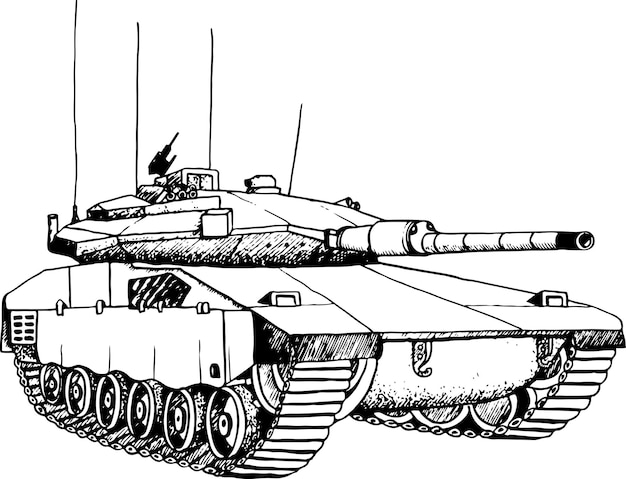 Illustrazione vettoriale in bianco e nero del carro Merkava mark IV delle forze di difesa israeliane Macchina militare