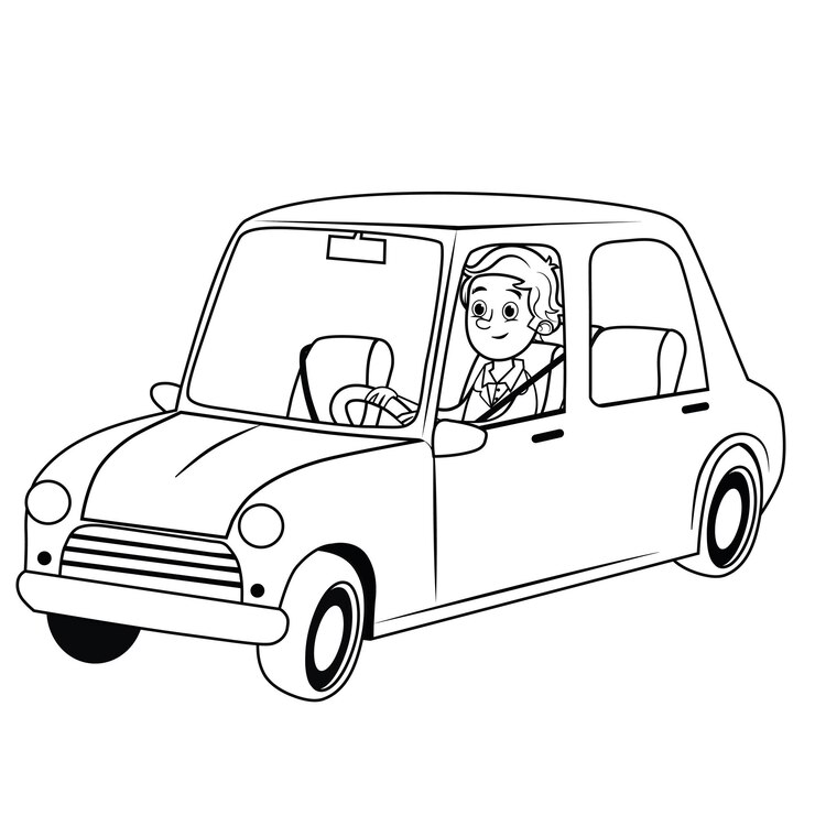 Illustrazione vettoriale in bianco e nero di un autista con un'auto