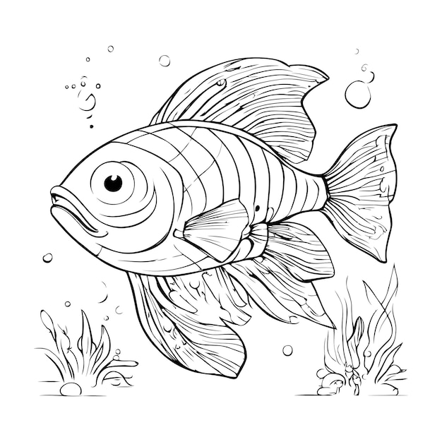 Illustrazione vettoriale in bianco e nero di un pesce rosso in mare
