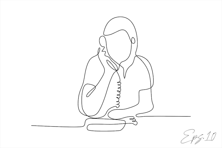 Vettore illustrazione vettoriale in linea continua di un operatore del servizio che chiama un cliente seduto di fronte o