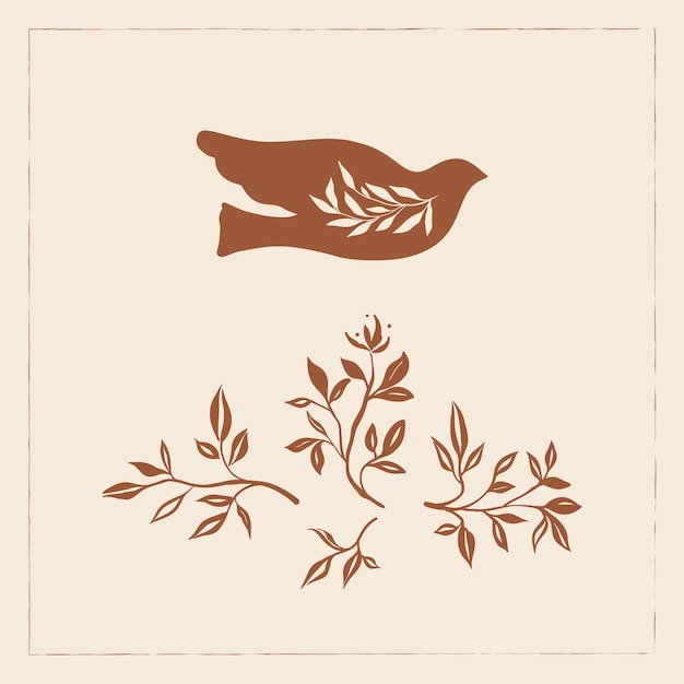 Illustrazione vettoriale in semplice poster con stampa naturale in stile linoleum e disegnato a mano o modello di logo illustrazione della natura fiori di colomba e libertà