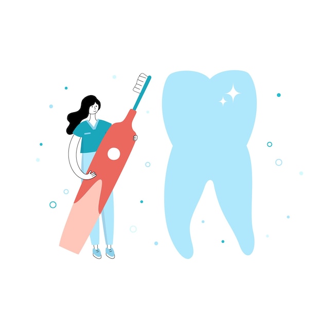 Illustrazione vettoriale isolata del dente e del medico che tengono lo spazzolino da denti. Concetto di pulizia dei denti