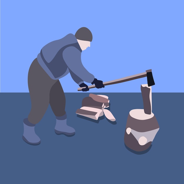 Illustrazione vettoriale isolata di un uomo che taglia la legna.