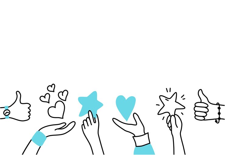 Illustrazione vettoriale isolato delle mani che tengono i simboli di feedback. Recensione del cliente. Soddisfazione dell'utente.