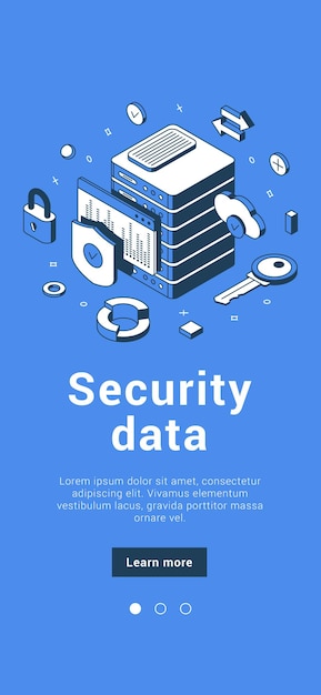 Illustrazione vettoriale isometrica del banner mobile della privacy del cyberspazio del server dei dati di sicurezza della protezione delle informazioni personali. Archiviazione di file del datacenter dei contenuti informatici dell'account riservato con scudo e lucchetto