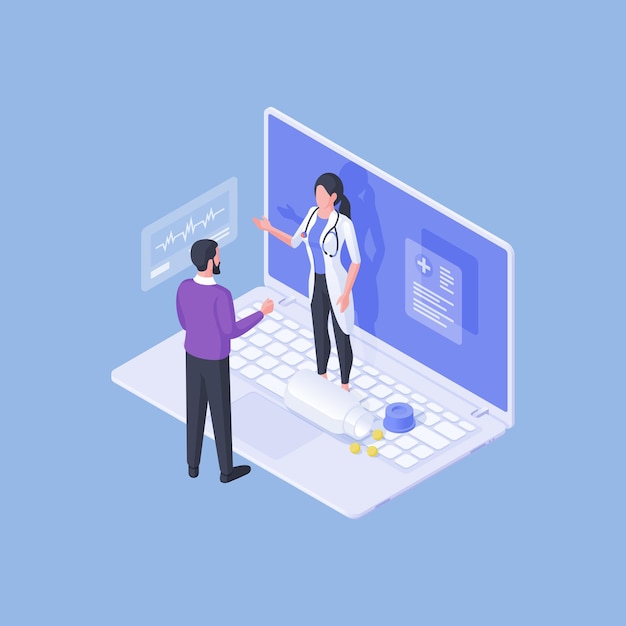 Illustrazione vettoriale isometrica dell'uomo in piedi vicino al computer portatile enorme e parlando con la donna in uniforme medica durante l'appuntamento online su sfondo blu