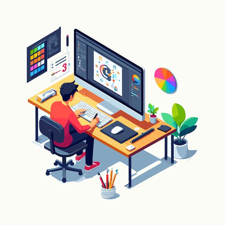 Vettore illustrazione vettoriale isometrica di un uomo che lavora su un computer desktop e progetta