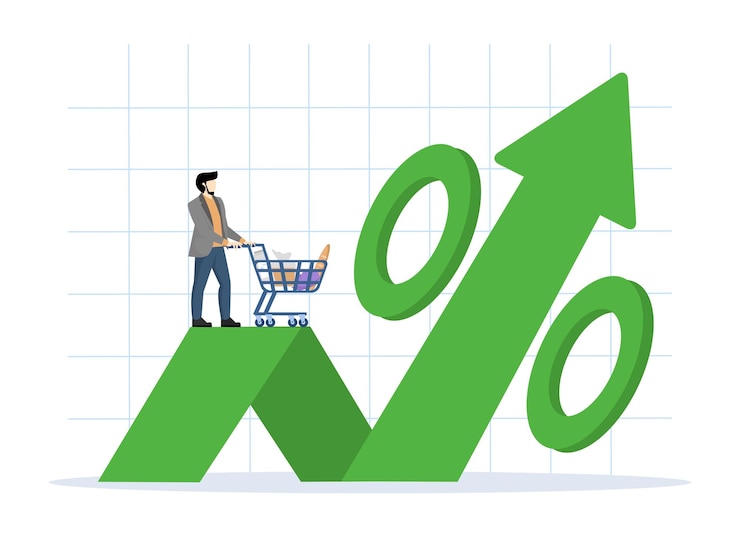 Vettore illustrazione vettoriale l'inflazione dei prezzi alimentari ha un impatto sulla crescita economica e sull'aumento dei prezzi alimentari
