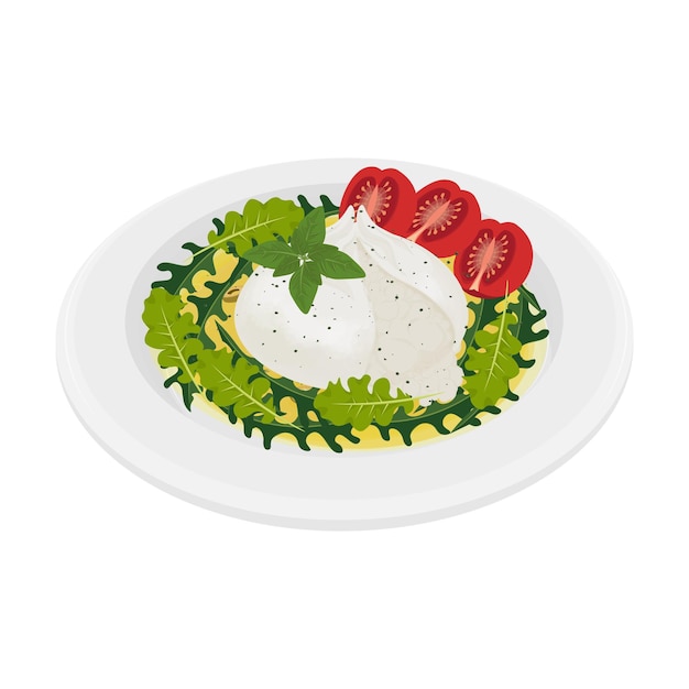 Illustrazione vettoriale Logo Clipart Burrata formaggio con verdure insalata