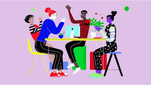 Illustrazione vettoriale minimalista di un team che crea un'applicazione digitale per computer idee 3 persone