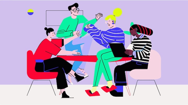 Illustrazione vettoriale minimalista di un team che crea un'applicazione digitale per computer idee 3 persone