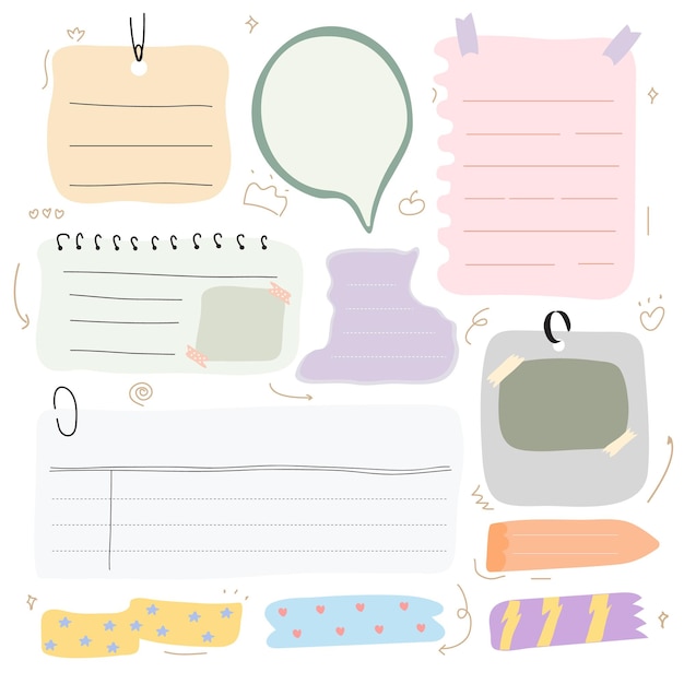illustrazione vettoriale Note di carta promemoria vuote, blocco note appiccicoso con nastro adesivo, blocco note, memo, pianificatore,