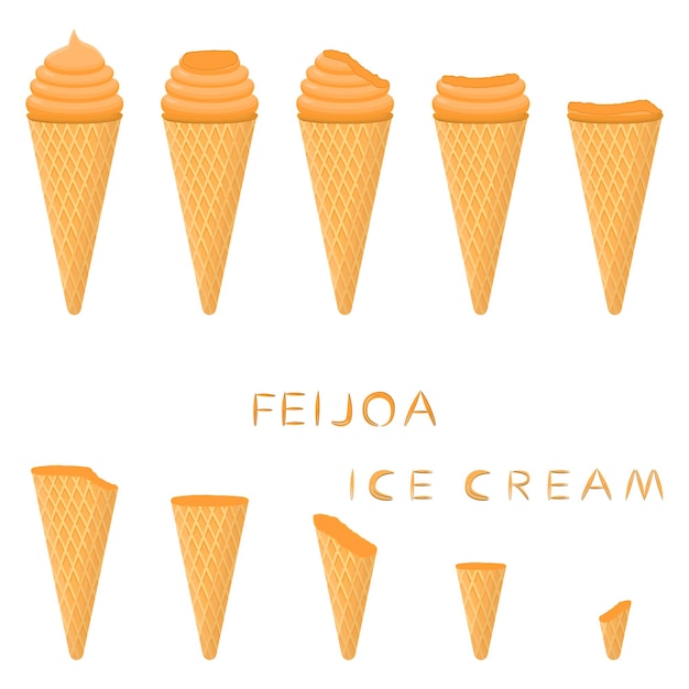 Illustrazione vettoriale per gelato naturale alla feijoa sul cono di cialda Modello di gelato composto da dolce gelato freddo gustoso dessert congelato Gelati alla frutta fresca di feijoa in coni di wafer