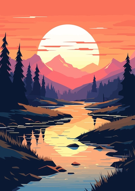 Illustrazione vettoriale piatta colorata del fumetto del paesaggio fluviale