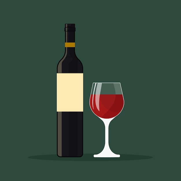 Illustrazione vettoriale piatta del bicchiere di vino rosso e della bottiglia isolata