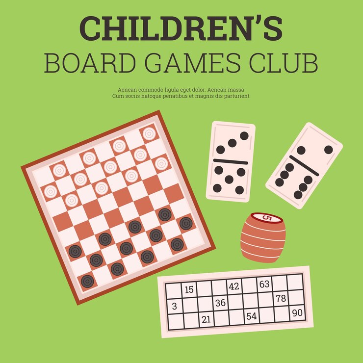 Vettore illustrazione vettoriale piatta del poster pubblicitario del club dei giochi da tavolo per bambini
