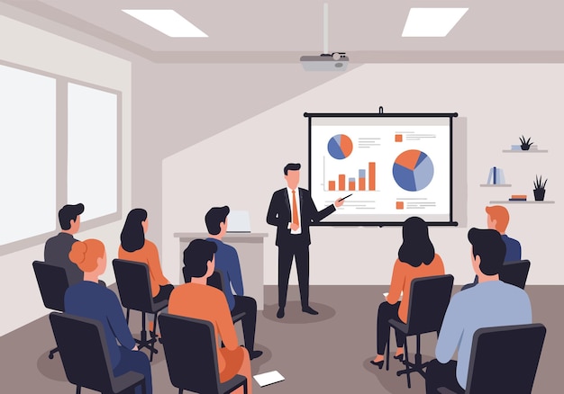 Illustrazione vettoriale piatta della presentazione aziendale in una sala conferenze moderna