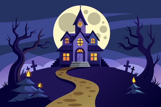 Illustrazione vettoriale piatta di una casa infestata con sentiero e luna piena Disegno inquietante di Halloween