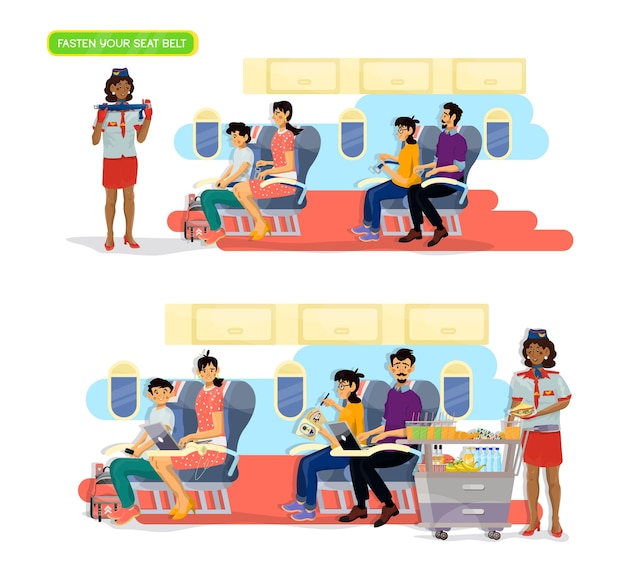 Illustrazione vettoriale piatta di una hostess che serve cibo su un aereo La hostess mostra come allacciare la cintura di sicurezza in una cabina di un aereo durante il volo