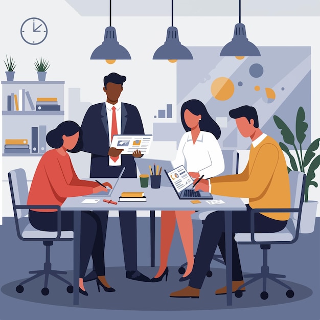 illustrazione vettoriale piatta squadra diversificata che collabora in un ufficio moderno brainstorming creativo