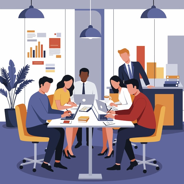 illustrazione vettoriale piatta squadra diversificata che collabora in un ufficio moderno brainstorming creativo