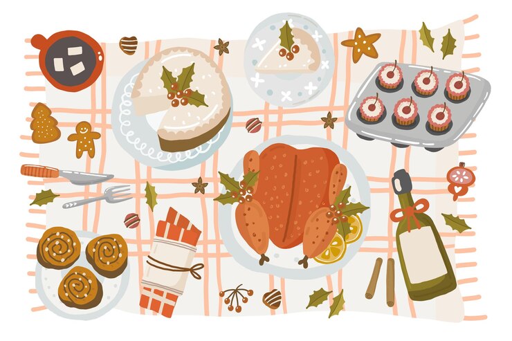Vettore illustrazione vettoriale piatto cartone animato di cibo. menù di natale a tavola. vista dall'alto del tavolo laici piatta