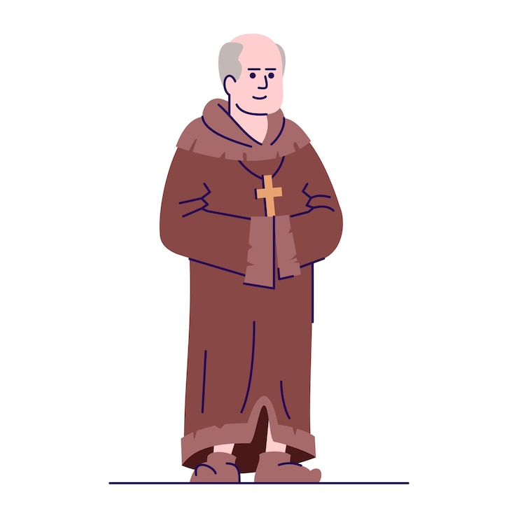 Vettore illustrazione vettoriale piatto sacerdote medievale. il monaco di mezza età ha isolato i personaggi dei cartoni animati con gli elementi del profilo su priorità bassa bianca. predicatore cattolico in veste. fede e religione cristiana