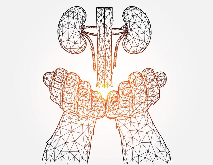 Vettore illustrazione vettoriale poligonale di una mano con reni umani. concetto di donazione di organi