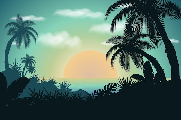 Illustrazione vettoriale Premium Nuvole di sole del paesaggio luminoso Palma Silhouette foresta tropicale