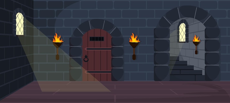 Vettore illustrazione vettoriale prigione oscura di un castello medievale con pareti in pietra, lunghe scale, porte in legno e pavimento con sbarre alle finestre in stile cartone animato