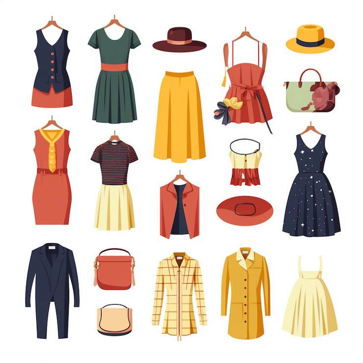 Vettore illustrazione vettoriale ragazza collezione di moda abbigliamento set vestiti cartoni animati abbigliamento vestito gr