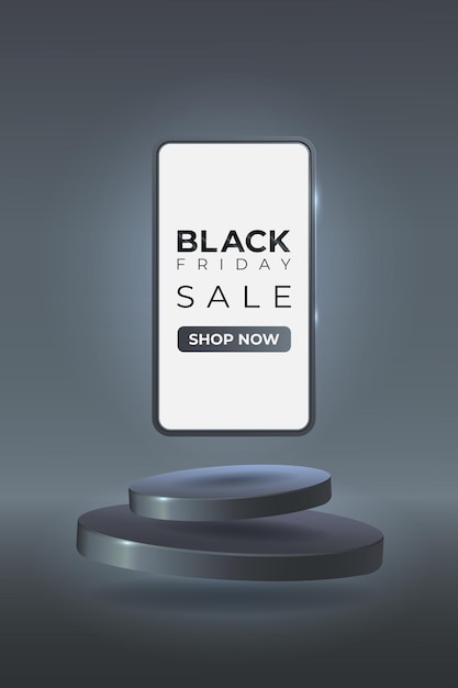 Illustrazione vettoriale realistica 3d del telefono cellulare con testo di vendita del black friday