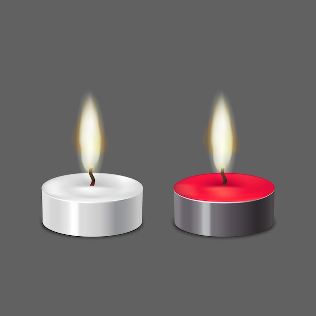 Illustrazione vettoriale realistica 3D dettagliata di candele luminose di candele brucianti rosse e bianche in una custodia