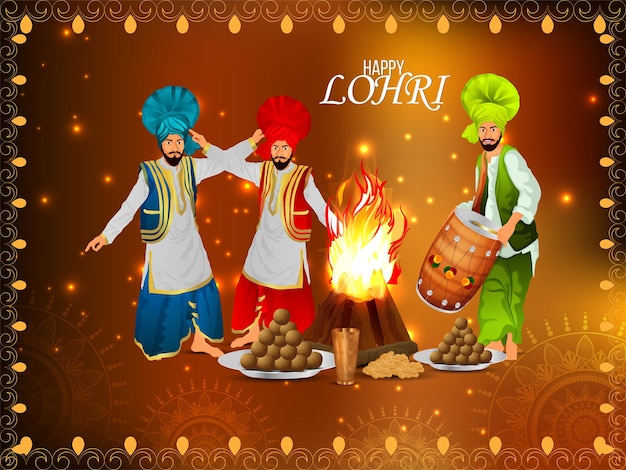 Illustrazione vettoriale realistica del biglietto di auguri per la celebrazione di lohri felice