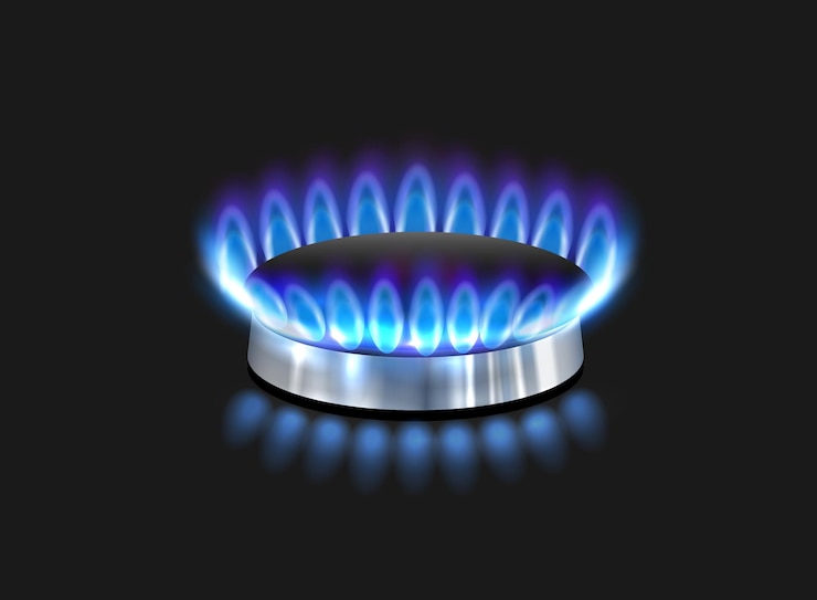 Vettore illustrazione vettoriale realistica della fiamma di gas vista laterale del bruciatore di gas