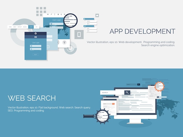 Illustrazione vettoriale ricerca web flat computing background programmazione codifica ricerca di sviluppo
