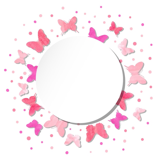 Illustrazione vettoriale rotonda con farfalle rosa ad acquerello e posto per il testo