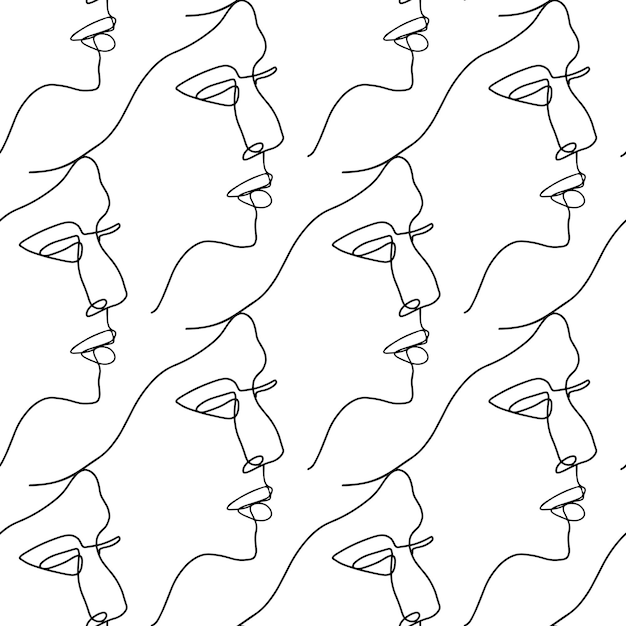 Illustrazione vettoriale senza cuciture con volti femminili in stile art linea su sfondo bianco