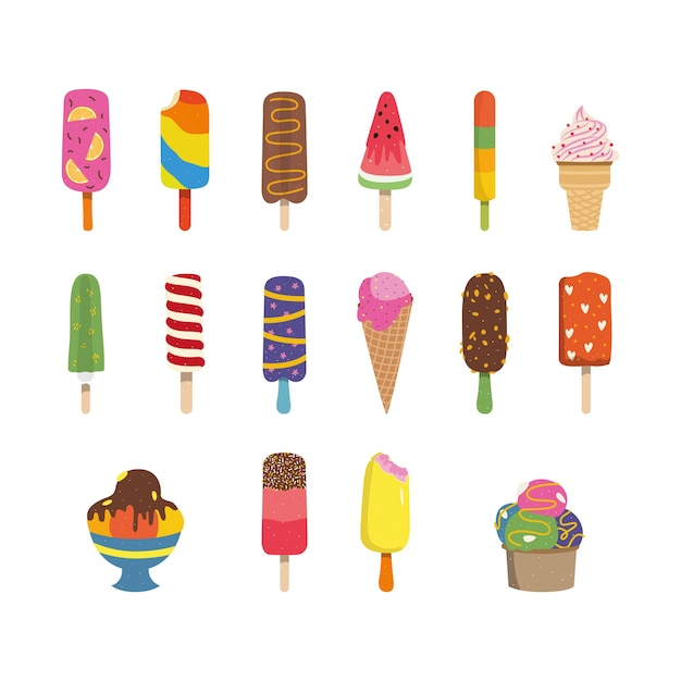 Illustrazione vettoriale. Set di gelato su un bastoncino, in una ciotola, in una tazza di waffle su un bianco isolato
