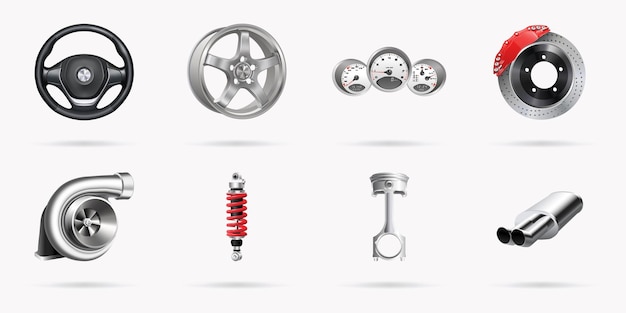 Illustrazione vettoriale, set di icone di parti di automobili, 3d realistico