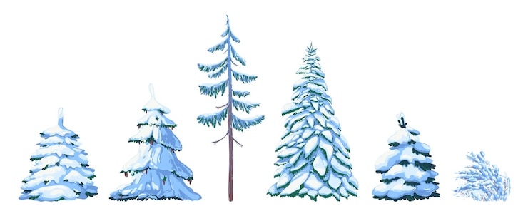 Vettore illustrazione vettoriale stile cartone animato soffice pino isolato su alberi innevati per la scena di natale