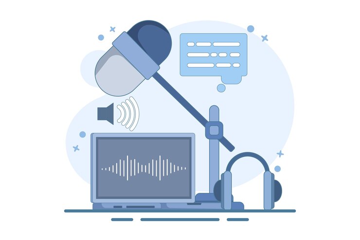 Vettore illustrazione vettoriale sul concetto di podcast e trasmissione o intervista online in diretta