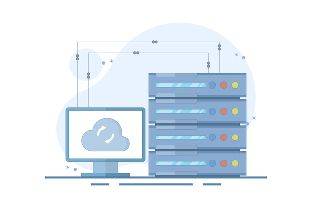 illustrazione vettoriale sul concetto di server di dati con portatile e server di dati