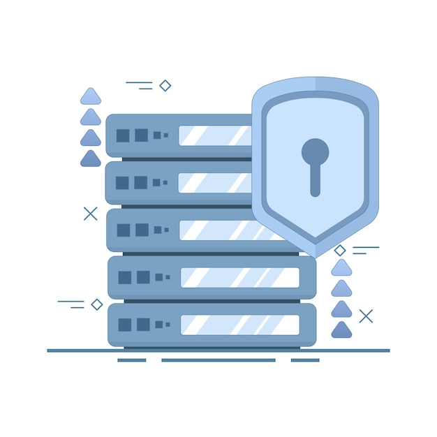 illustrazione vettoriale sul concetto di sicurezza dei dati del server o del server di dati con scudo