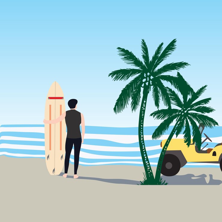 Vettore illustrazione vettoriale surf in piedi uomo bordo spiaggia