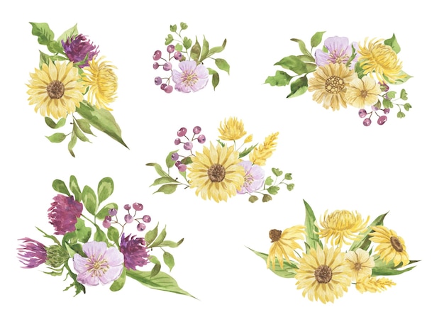 Illustrazioni ad acquerello di mazzi di fiori