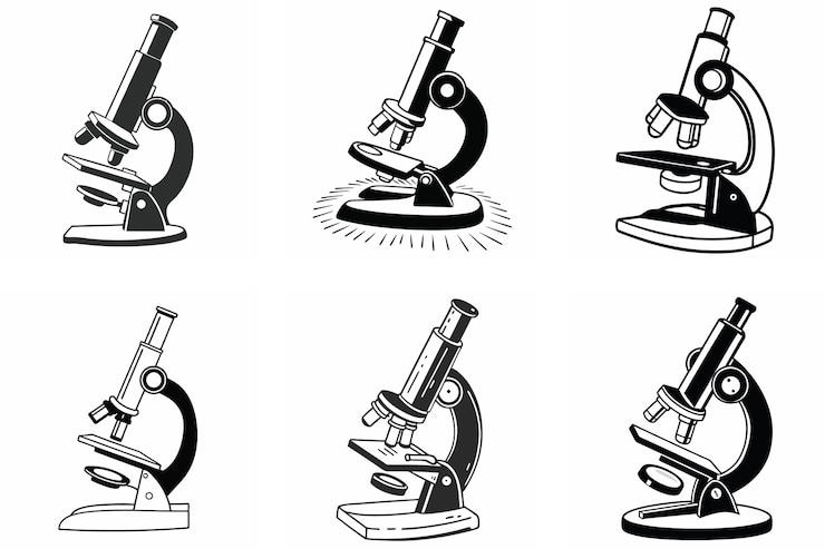 Vettore illustrazioni artistiche in bianco e nero del microscopio per l'istruzione scientifica e i progetti creativi