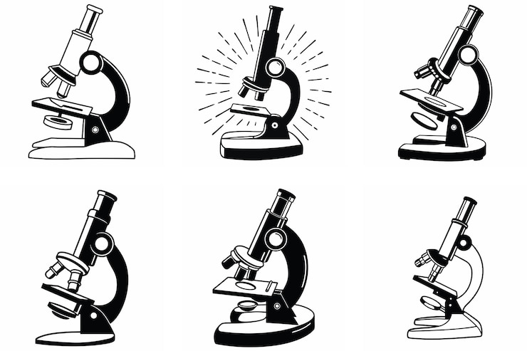 Vettore illustrazioni artistiche in bianco e nero del microscopio per l'istruzione scientifica e i progetti creativi