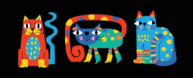 Illustrazioni astratte decorative con gatti carini doodle colorati