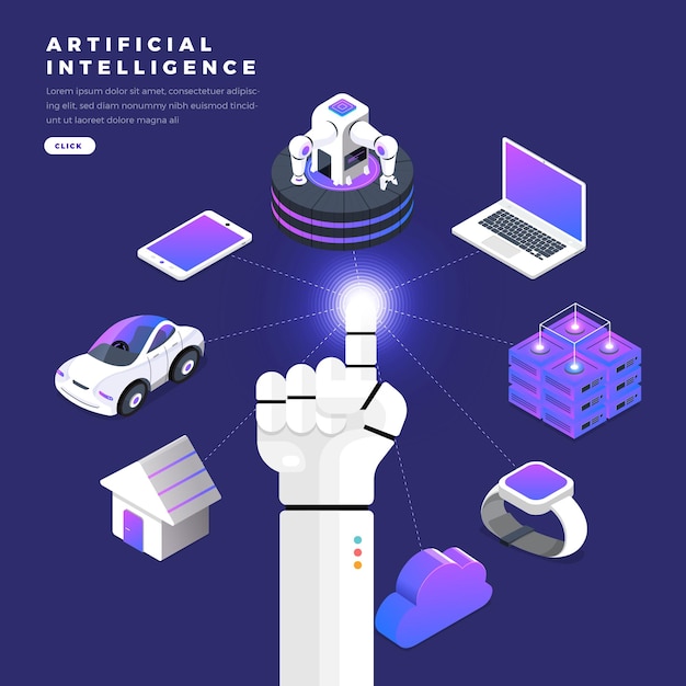 Illustrazioni concetto mano del robot utilizzare dito fare clic su linea grafica tecnologia internet delle cose